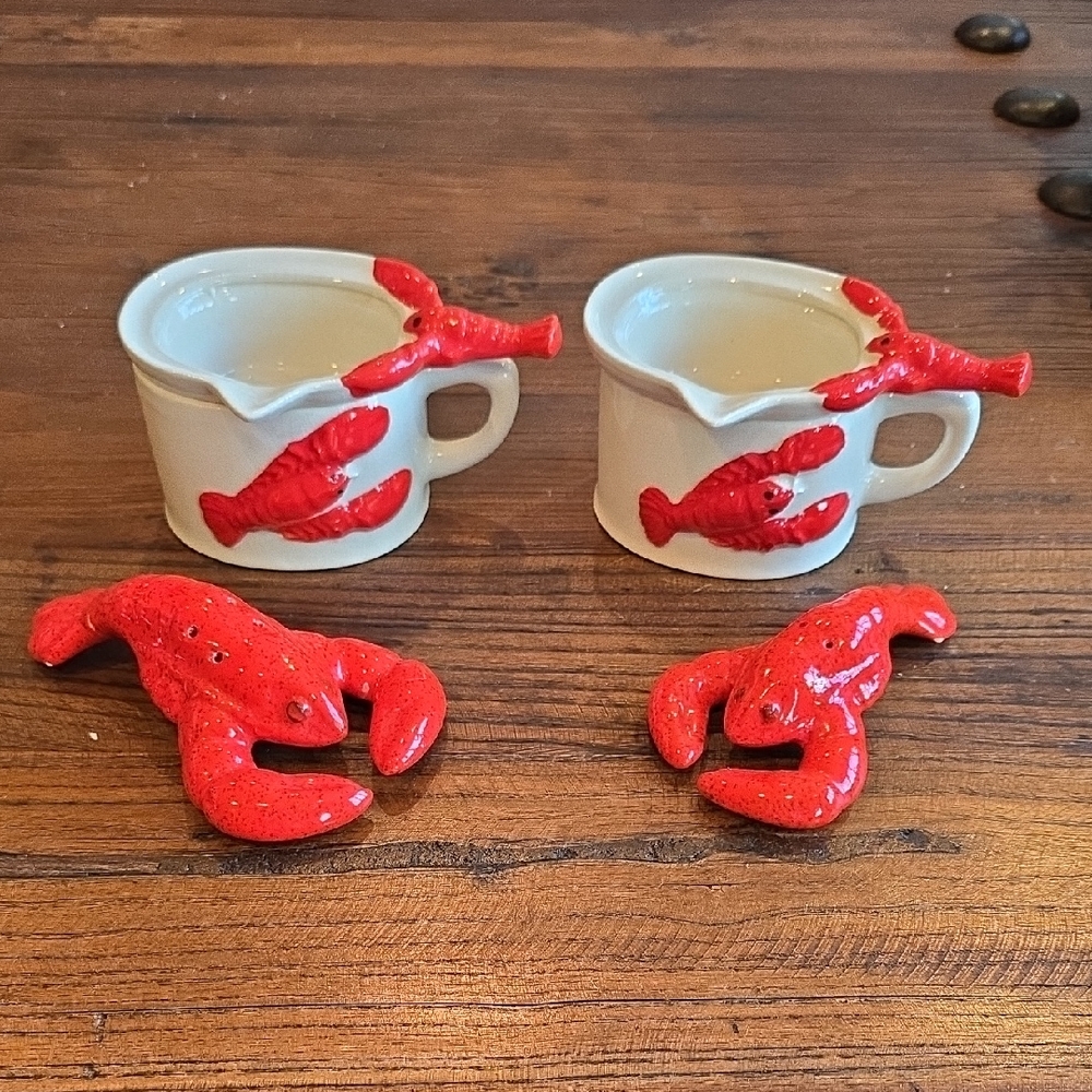 Vintage 6-piece Lobster Set: Melted butter dish and Salt & Pepper shakers